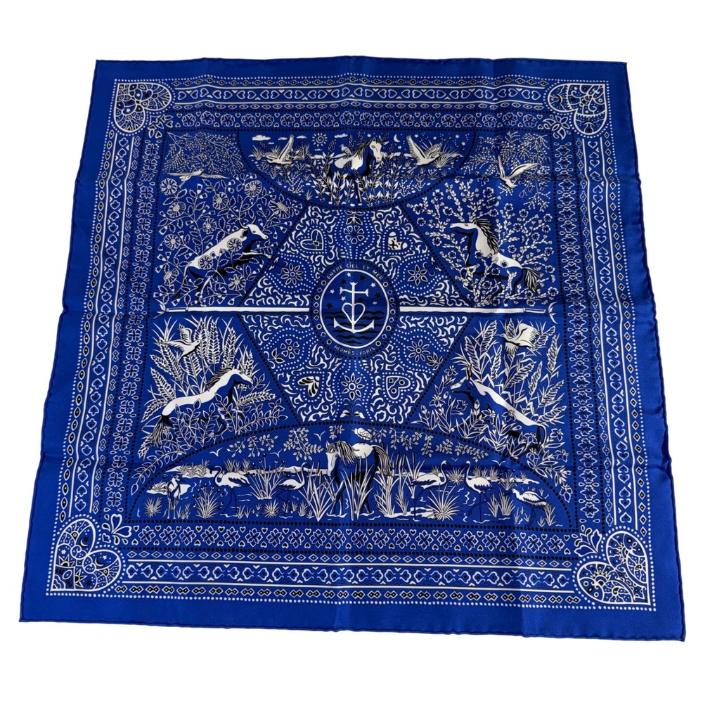 Hermes Silk Scarf Vintage 22in Blue Entre Ciel et Mer Horse Anchor Bandana Motif